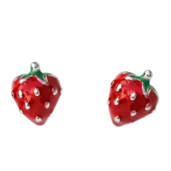 Tiny Red Strawberry Earrings Cute Mini Fruit Enamel Berries Post Berry Studs - Picture 1 of 5